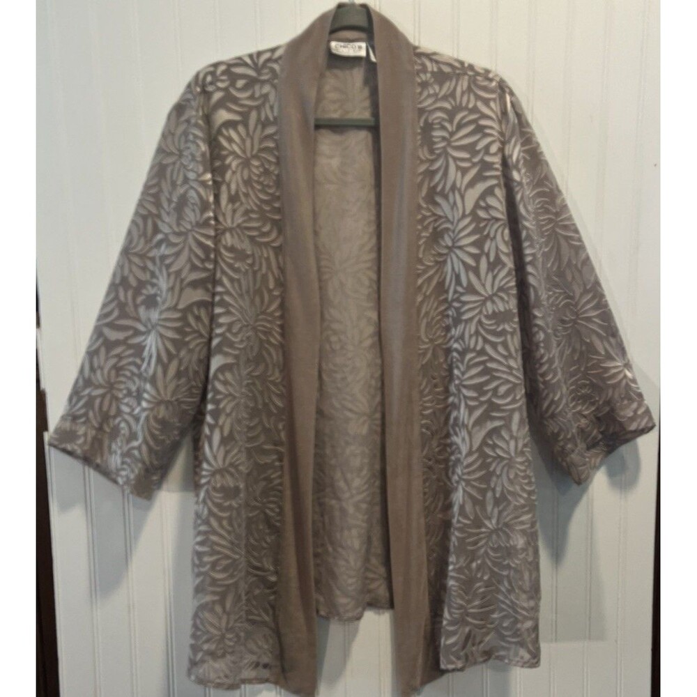 Chicos Womens Taupe Open Front Kimono Style Jacket Velvet Burnout Textured XL/16